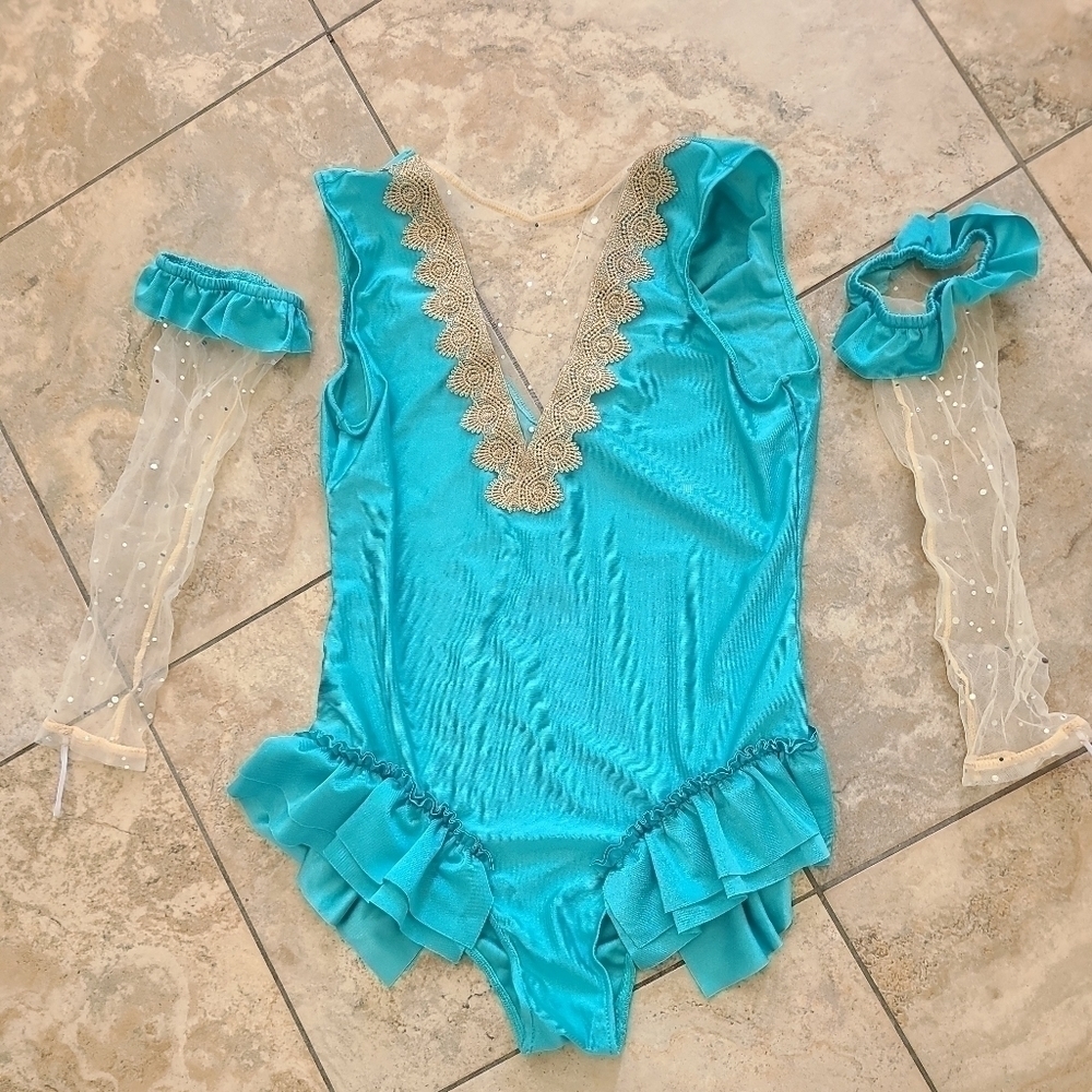 NEW iEFiEL Girls Teal/Gold Sparkle Dancing Bodysuit Ballet Leotard w/ armcovers